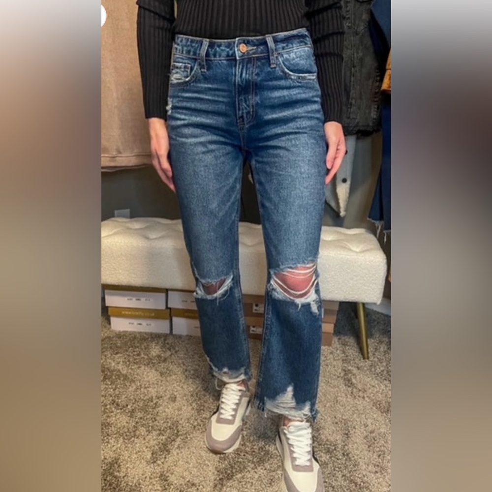 Trendy Distressed Blue Flare Jeans